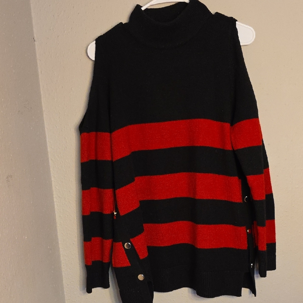 Chico’s Black & Red Striped Cold Shoulder Mock Neck Sweater